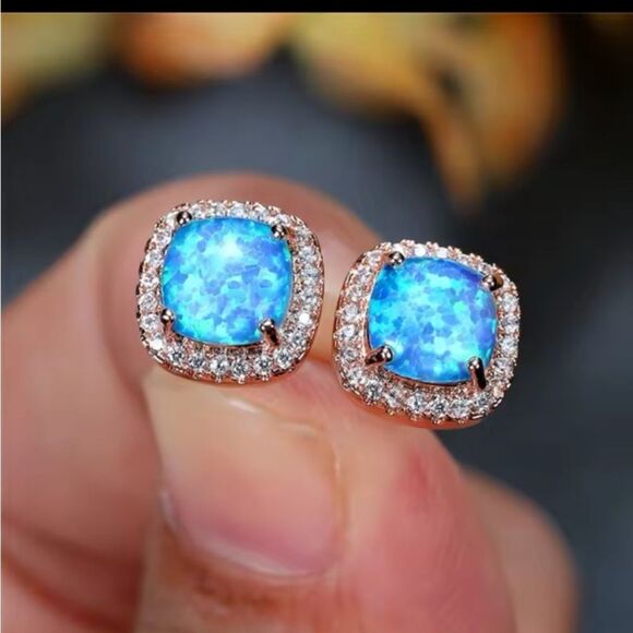 Blue Opal Rose Gold Diamond CZ Embellished Earrings Luxury New In Gift Box - Picture 4 of 5